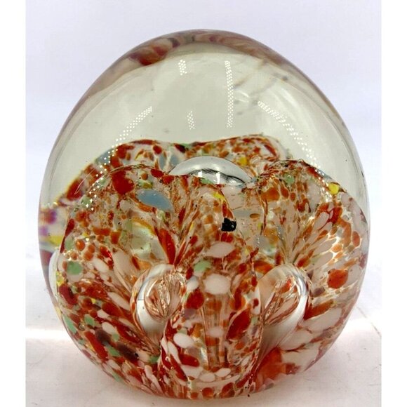 Confetti Controlled Bubble Paperweight Red White Clear Art Glass 3" Pointed Top - Picture 4 of 8